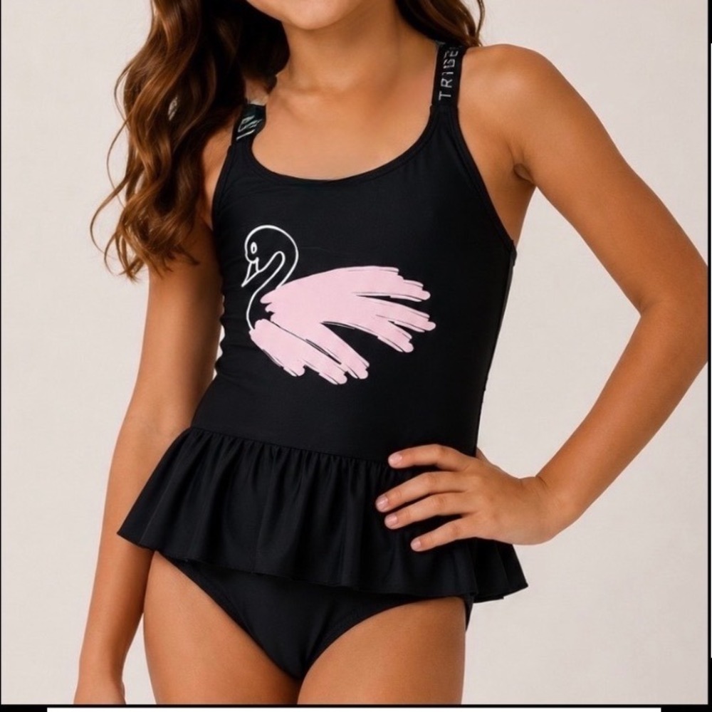Tiny Tribe Australia Girls 3T Black Swan Peplum One‎ Piece Swimsuit Logo Straps